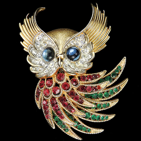 Trifari 'Alfred Philippe' for Ciro Pave Ruby and Emerald 'Firebirds' Owl Pin