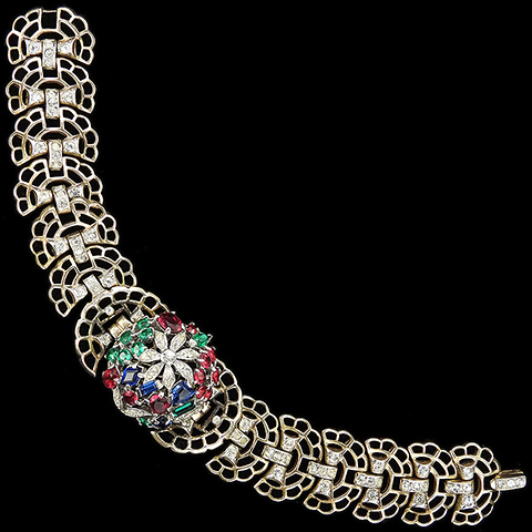 Trifari Sterling 'Alfred Philippe' 'Riviera' Series Tricolour Floral Dome and Openwork Leaves Link Bracelet