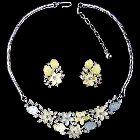 Trifari 'Alfred Philippe' Pastel Satin Frosted Fruit Salad Flowers and Leaves Necklace and Clip Earrings Set 