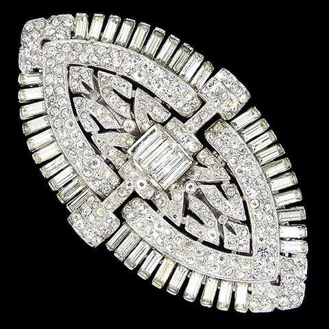 Trifari 'Alfred Philippe' Pave and Baguettes Openwork Deco Shields Three Element Clipmate Pin or Pair of Dress Clips