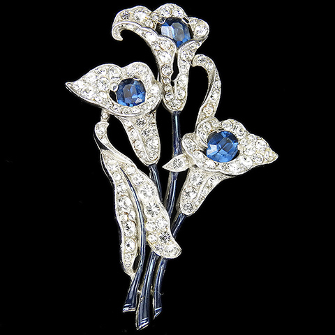 Trifari 'Alfred Spaney' Pave and Blue Enamel Triple Sapphire Lillies Three Flower Pin