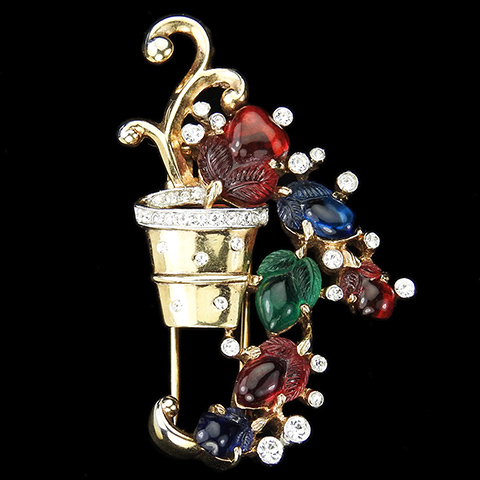 Trifari 'Alfred Philippe' Climbing Tricolour Fruit Salads in a Gold and Pave Spangled Flower Pot or Flower Basket Pin Clip