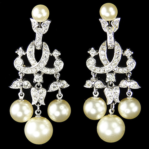 Trifari 'Alfred Philippe' Pave Scrolls and Triple Pendant Pearls Clip Earrings