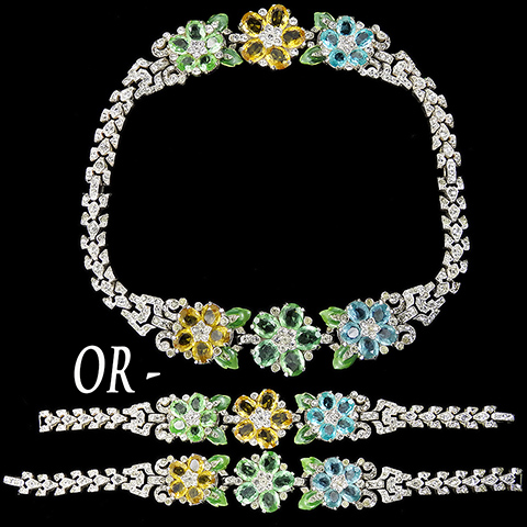 Trifari 'Alfred Philippe' Pastel Stones Aquamarine Peridot Blue Topaz and Citrine Graduated Pair of Flower and Enamel Leaves Floral Bracelets or Choker Necklace