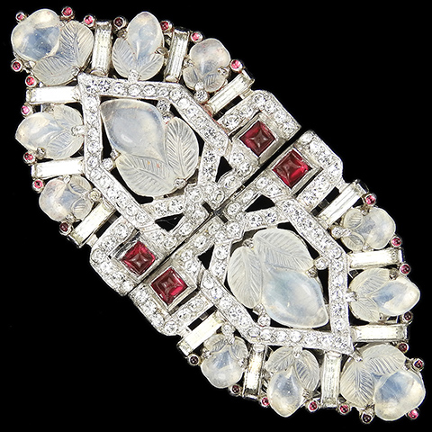 KTF Trifari 'Alfred Philippe' Pave Baguettes Cushion Cut Rubies and Moonstone Fruit Salads Hexagon Dress Clips Clipmate Pin
