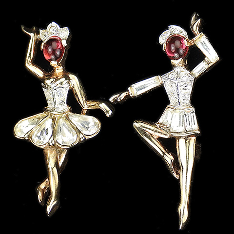 Trifari 'Alfred Philippe' Pair of Ruby Cabochon Ballerina and Male Ballet Dancer Pins, 'Vicki' and 'Nicki'