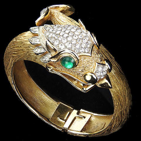 Trifari 'Something Wild' Gold Pave and Emerald Cabochons Dragon Bangle Bracelet