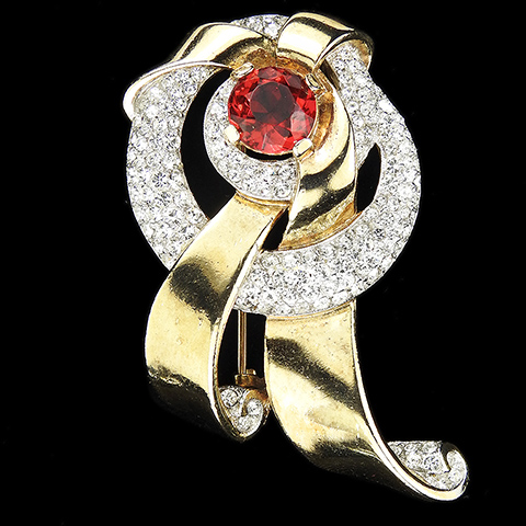 Trifari 'Alfred Philippe' Gold Pave and Ruby Retro Deco Circular Swirl with Bows Pin Clip
