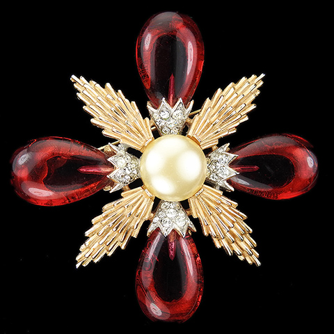 Trifari 'Alfred Philippe' Gold Pave Pearl and Ruby Teardrop Cabochons Thistle Cross Pin