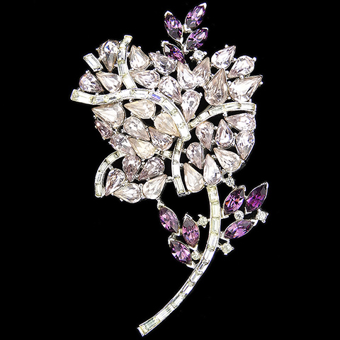 Trifari 'Alfred Philippe' Diamante Baguettes and Dark and Pale Amethyst Rose Flower Pin