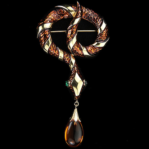 Trifari 'Jewels of Fantasy' 'Garden of Eden' Gold and Enamel Snake with Single Pendant Teardrop Topaz Pin