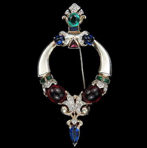 Trifari Sterling 'Alfred Philippe' Ruby Cabochon Emerald and Sapphire 'Jewels of Tanjore' Circlet Pin