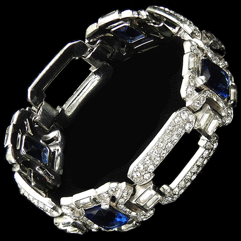 KTF Trifari 'Alfred Philippe' Pave Rectangles and Openwork Squares with Sapphires Deco Link Bracelet