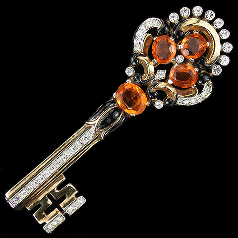 Trifari 'Alfred Philippe' 'Fontainebleau' Gold Pave Black Enamel and Topaz Key Pin