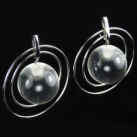 Trifari 'Space Jewels' Modernist Crystal Ball Spheres and Platinum Rings Pendant Clip Earrings