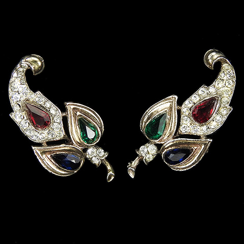 Trifari Sterling 'Alfred Philippe' Gold Pave and Tricolour Teardrop Stones Curled Peacock Bird Feather Clip Earrings