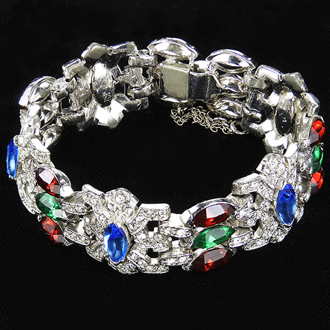 KTF Trifari 'Alfred Philippe' Pave and Tricolour Navettes 1930s Jewels of India Deco Link Bracelet