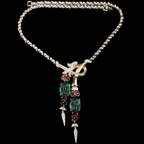 Trifari 'Alfred Philippe' Moghul Jewels Melon Cut Emeralds and Teardrop Ruby Cabochons Double Pendant Necklace