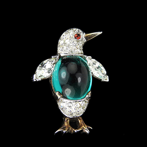 Trifari 'Alfred Philippe' Gold Pave and Emerald Cabochon Miniature Penguin Bird Scatter Pin