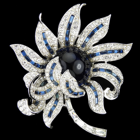 Trifari 'Alfred Philippe' Pave Sapphire Baguettes and Cabochon Peony Flower Pin