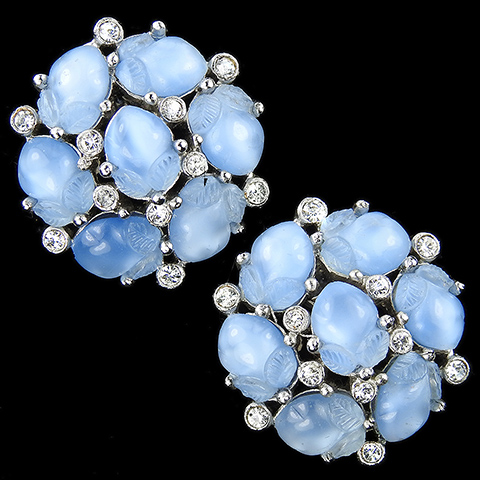 Trifari 'Alfred Philippe' Pastel Blue Moonstone Fruit Salads (7 Fruit Salads) Spangled Button Clip Earrings