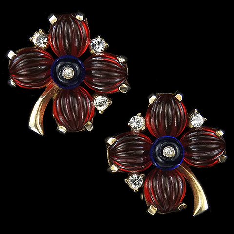 Trifari 'Alfred Philippe' Moghul Jewels of India Melon Cut Rubies and Sapphire Shoebuttons Four Leaf Clover Flower Clip Earrings