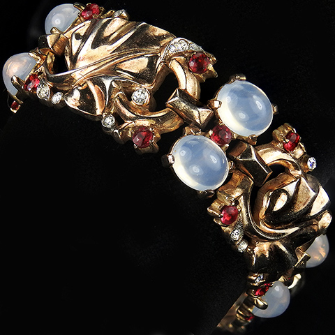 Trifari Sterling 'Alfred Philippe' Moonstone Cabochons Ruby Spangles and Golden Leaves Bracelet