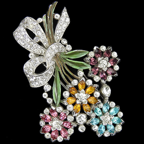Trifari 'Alfred Philippe' Multicolour Pastel Four Flower Floral Spray with Enamel Leaves and Pave Bow Pin Clip