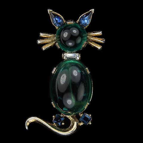 Trifari 'Alfred Philippe' Emerald Cabochon and Sapphire Ears Cat Pin