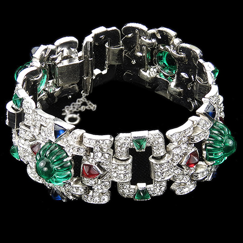 KTF Trifari 'Alfred Philippe' 'Sheherazade' 1930s Jewels of India Pave Baguettes Emerald Fruit Salads Rubies and Sapphires Bracelet