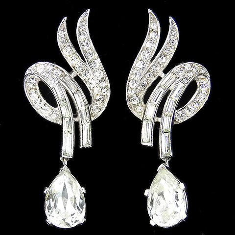 Trifari 'Alfred Philippe' Pave and Baguettes Double Swirls and Single Teardrop Pendant Clip Earrings