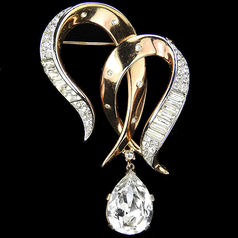 Trifari 'Alfred Philippe' 'Stars of Baguette' Spangled Gold and Diamante Baguettes Double Bow Swirls with Pendant Teardrop Pin 