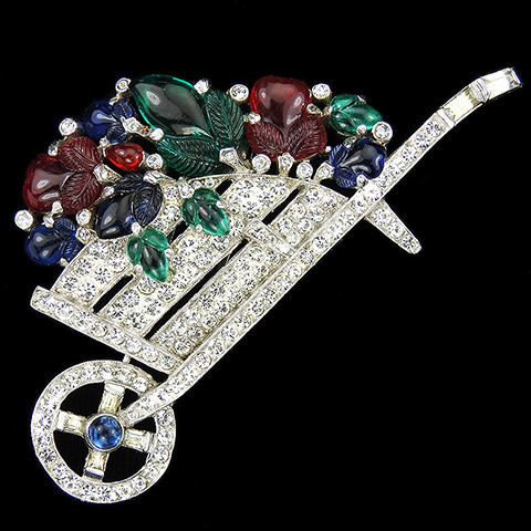 Trifari 'Alfred Philippe' Pave and Baguettes Tricolour Fruit Salads Large Wheelbarrow Pin Clip