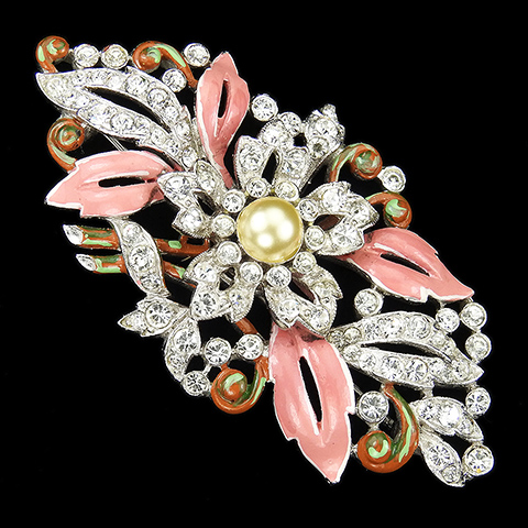 Trifari 'Alfred Philippe' Pave Trembler Pearl Rose and Pink Enamel Leaves Flower Bar Pin