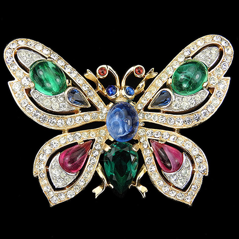 Trifari 'Alfred Philippe' 1965 Jewels of India Gold Pave and Tricolour Cabochons Butterfly Pin