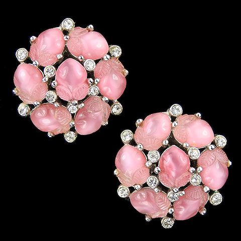 Trifari 'Alfred Philippe' Pastel Pink Moonstone Fruit Salads (7 Fruit Salads) Spangled Button Clip Earrings
