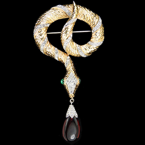 Trifari 'Alfred Philippe' 'Jewels of Fantasy' 'Garden of Eden' Gold and Pave Coiled Snake with Pendant Teardrop Ruby Pin