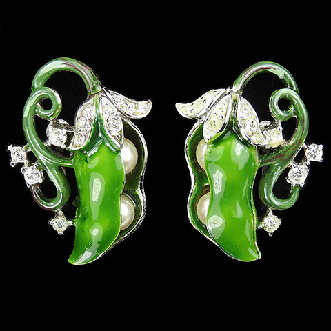 Trifari 'Alfred Philippe' Green Enamel and Pearls Peas in the Pod Peapod Clip Earrings