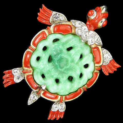 Trifari 'Alfred Philippe' Red Enamel and Green Jade Ming Turtle Pin Clip