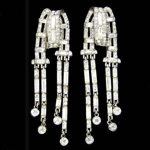 Trifari Sterling 'Alfred Philippe' Pave and Baguettes Multiple Pendant Tassels Clip Earrings