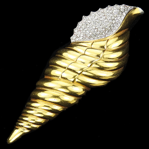Trifari 'Alfred Philippe' Gold and Pave Triton's Trumpet Seashell Pin Clip