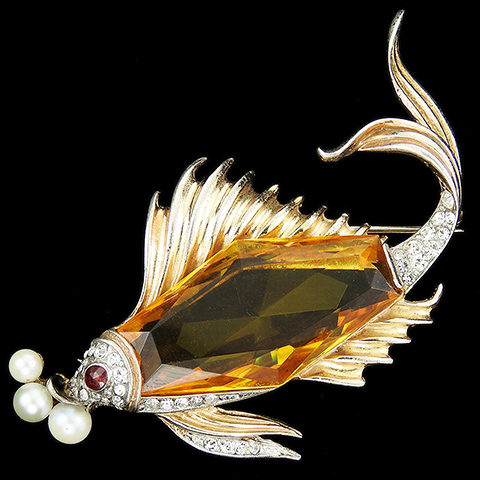 Trifari Sterling 'Alfred Philippe' Gold Pave and Citrine Faceted Belly Fish with Pearl Bubbles Pin