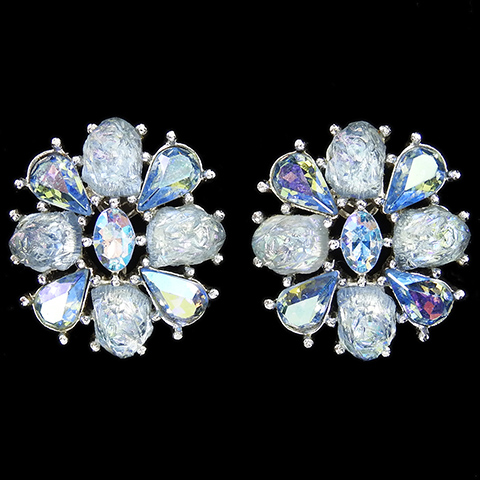 Trifari 'Alfred Philippe' 'Etoile' Blue Aurora Borealis and Lavarock Stones Star Flower Clip Earrings