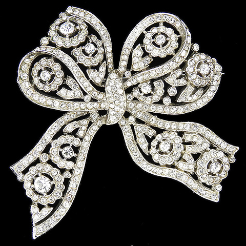 KTF Trifari 'Alfred Philippe' Pave Flower Pattern Openwork Floral Bowknot Bow Pin