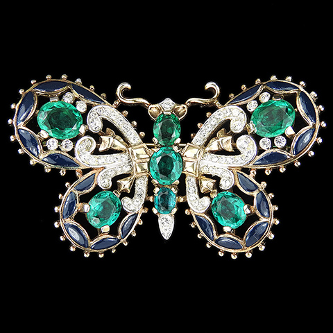 Trifari 'Alfred Philippe' 'Fontainebleau' Gold Pave Blue Enamel and Emeralds Butterfly Pin