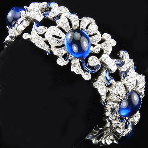 Trifari 'Alfred Philippe' Pave Blue Enamel and Sapphire Cabochons Floral Bracelet