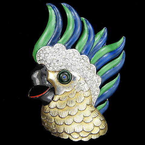 Trifari 'Alfred Philippe' Gold Pave Blue Green and Black Enamel and Emerald Shoebutton Eye Parrot Head Bird Pin Clip
