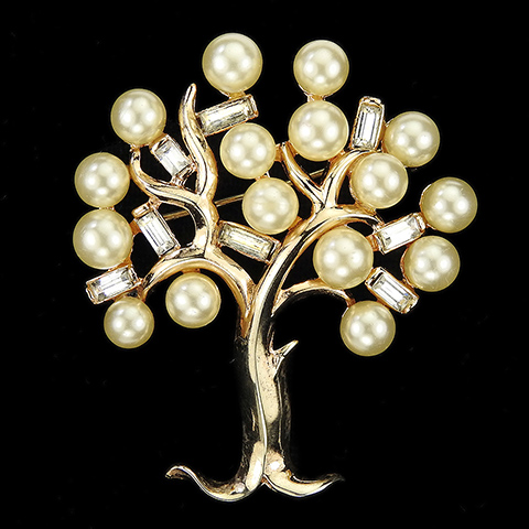Trifari 'Alfred Philippe' Gold Diamante Baguettes and Pearls Tree of Life Pin