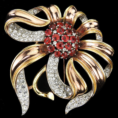 Trifari 'Alfred Philippe' Gold Pave and Rubies Passion Flower Pin Clip