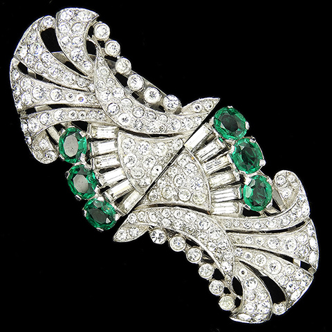 Trifari 'Alfred Philippe' Pave Diamante Baguettes and Emeralds Deco Shield Swirls Dress Clips or Clipmate Pin